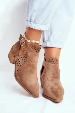 Zamszowe Botki Na Obcasie Z Klamrą Beżowe Esen