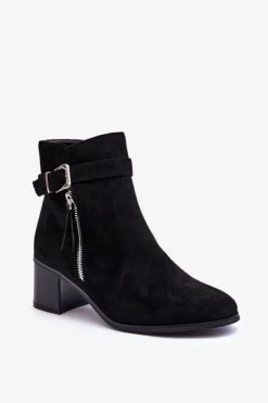 Zamszowe Botki Na Obcasie Z Klamrą Czarne Bronte