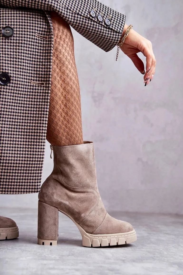 Zamszowe Botki Na Obcasie Beżowe Elia