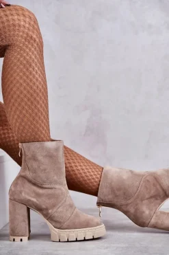 Zamszowe Botki Na Obcasie Beżowe Elia