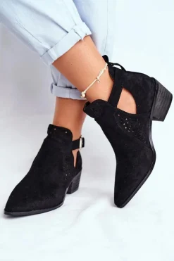 Zamszowe Botki Na Obcasie Z Klamrą Czarne Esen