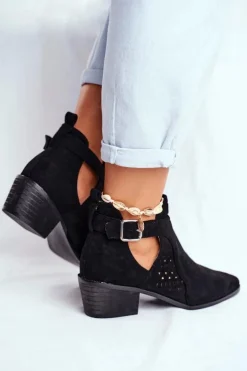 Zamszowe Botki Na Obcasie Z Klamrą Czarne Esen