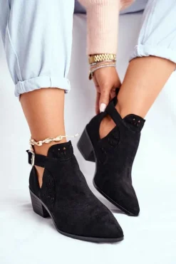 Zamszowe Botki Na Obcasie Z Klamrą Czarne Esen
