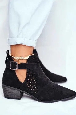 Zamszowe Botki Na Obcasie Z Klamrą Czarne Esen