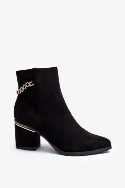 Zamszowe Botki Na Obcasie Z Biżuteryjną Ozdobą Czarne Jadirel