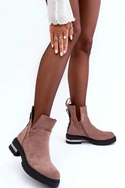 Zamszowe Botki Na Płaskim Obcasie Z Wycięciami Ciemnobeżowe Lamedella