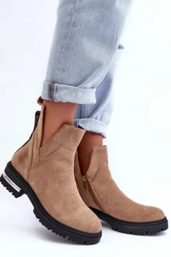 Zamszowe Botki Na Płaskim Obcasie Z Wycięciami Beżowe Lamedella