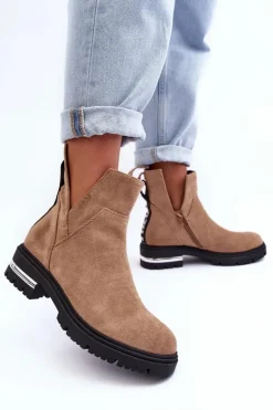 Zamszowe Botki Na Płaskim Obcasie Z Wycięciami Beżowe Lamedella