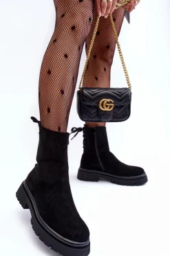 Zamszowe Botki Na Płaskim Obcasie Sznurowane Czarne Lakyta