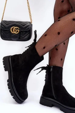 Zamszowe Botki Na Płaskim Obcasie Sznurowane Czarne Lakyta