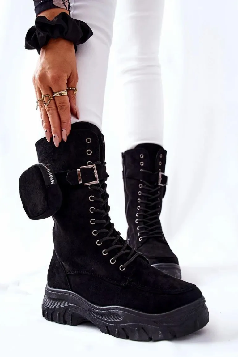 Zamszowe Botki Na Platformie Z Nerką Czarne Issanti