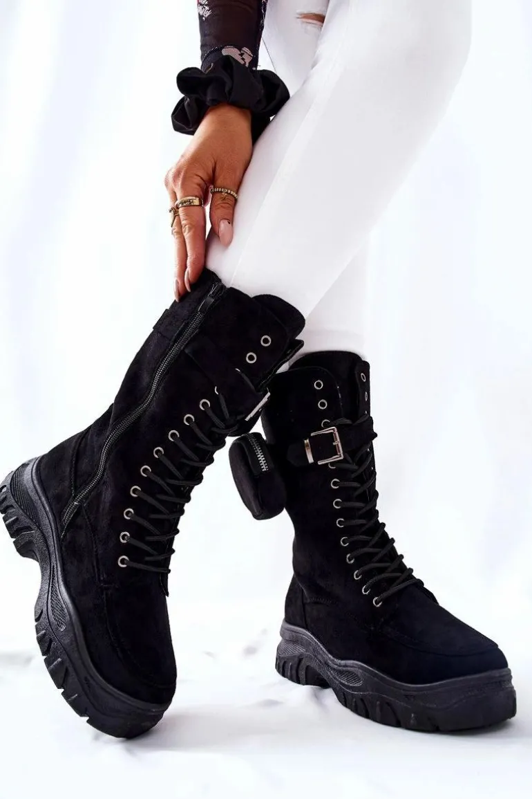 Zamszowe Botki Na Platformie Z Nerką Czarne Issanti