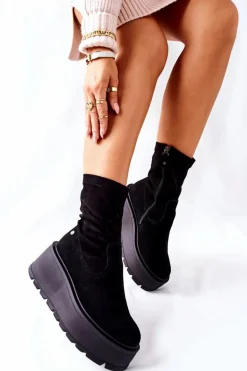 Zamszowe Botki Na Platformie Maciejka Czarne 05319-01