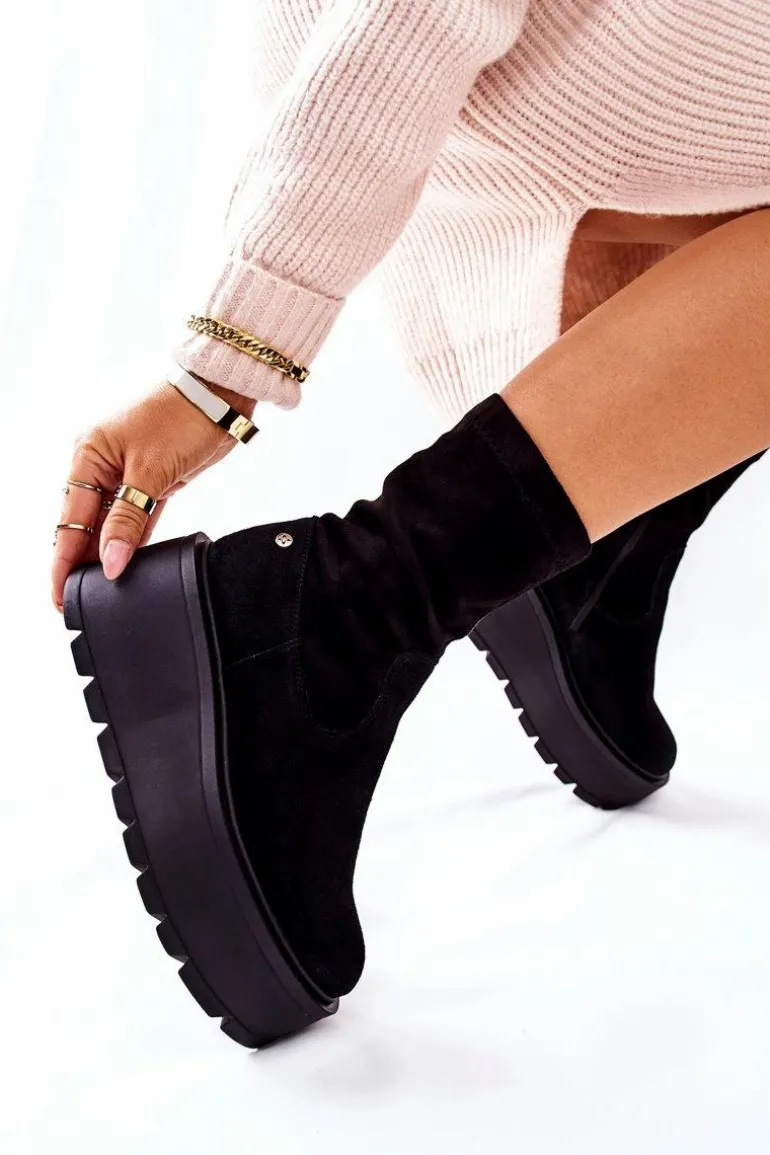 Zamszowe Botki Na Platformie Maciejka Czarne 05319-01