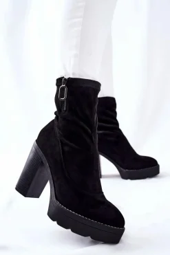 Zamszowe Botki Na Słupku Czarne Marlevo