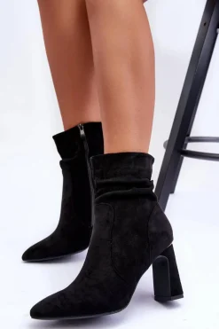 Zamszowe Botki Na Słupku Czarne Mellamene
