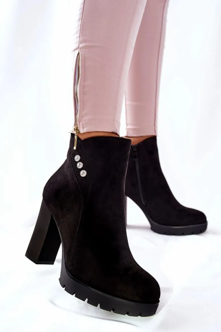 Zamszowe Botki Na Słupku Czarne Lagerlla