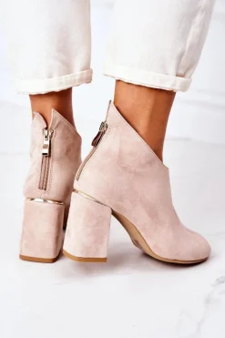 Zamszowe Botki Na Słupku Lewski Shoes 3044 Beżowe