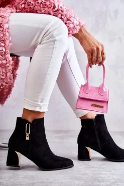 Zamszowe Botki Na Słupku Z Ozdobą Czarne Erine