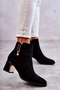 Zamszowe Botki Na Słupku Z Ozdobą Czarne Erine