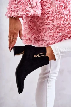 Zamszowe Botki Na Słupku Z Ozdobą Czarne Erine