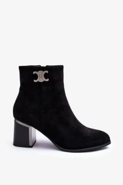 Zamszowe Botki Na Słupku Z Ozdobą Czarne Dwinja