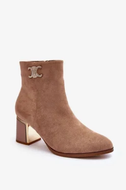 Zamszowe Botki Na Słupku Z Ozdobą Beżowe Dwinja