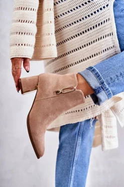 Zamszowe Botki Na Słupku Z Ozdobą Beżowe Erine