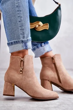 Zamszowe Botki Na Słupku Z Ozdobą Beżowe Erine