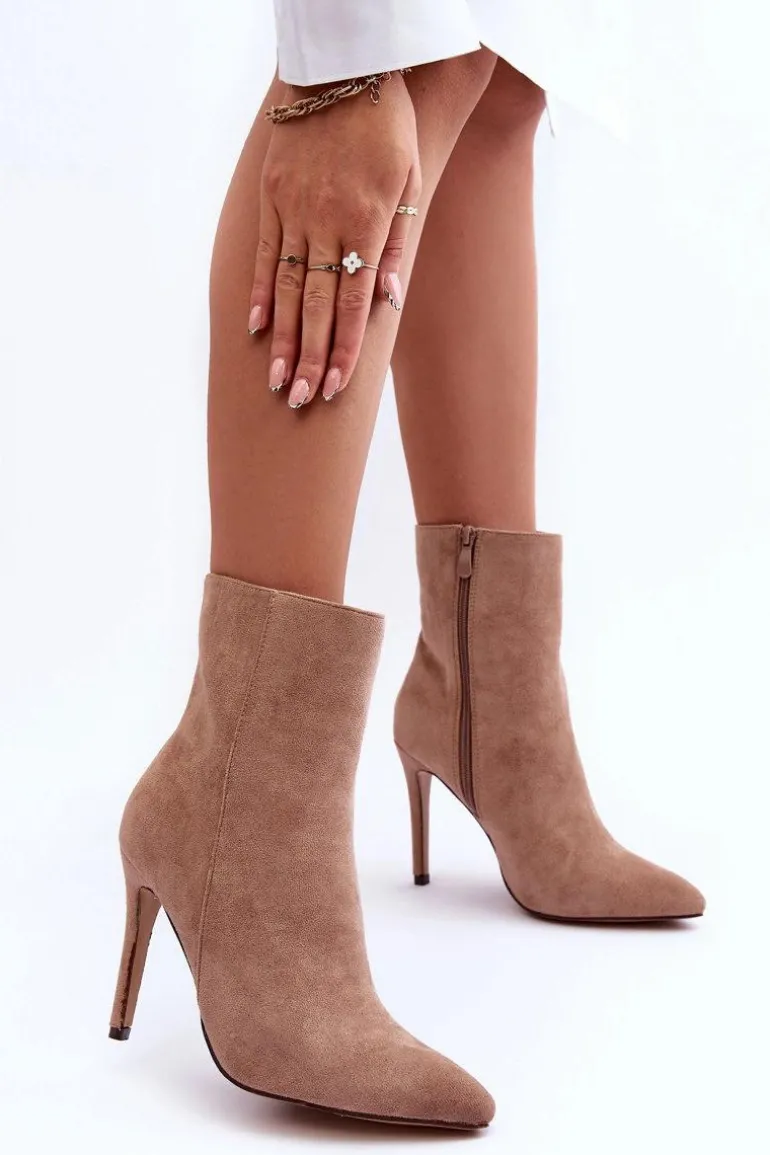 Zamszowe Botki Na Szpilce Beżowe Eberpia