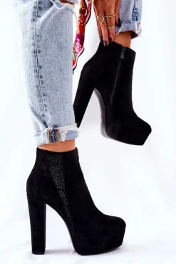 Zamszowe Botki Na Wysokim Obcasie Czarne Sarsea