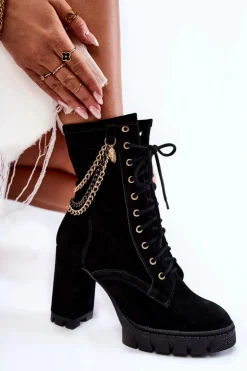 Zamszowe Botki Sznurowane Lewski Shoes 3244/G Czarne