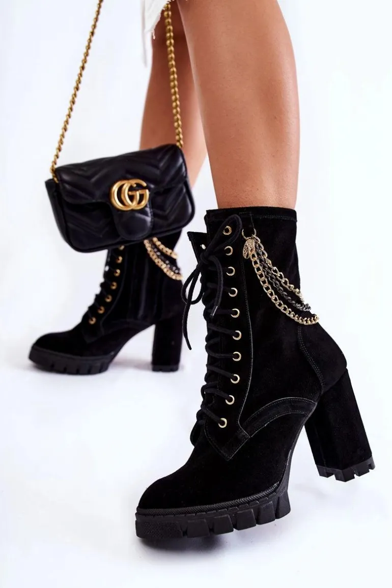 Zamszowe Botki Sznurowane Lewski Shoes 3244/G Czarne