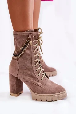 Zamszowe Botki Sznurowane Lewski Shoes 3244/G Beżowe