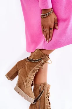 Zamszowe Botki Sznurowane Lewski Shoes 3244/G Beżowe