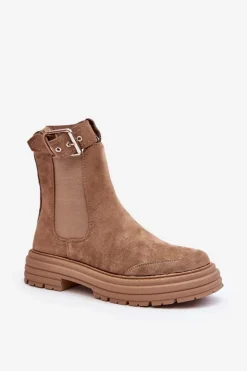 Zamszowe Botki Sztyblety Na Masywnej Podeszwie Beżowe Ozaro