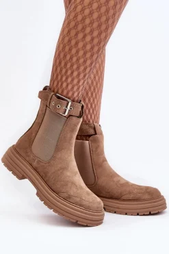 Zamszowe Botki Sztyblety Na Masywnej Podeszwie Beżowe Ozaro