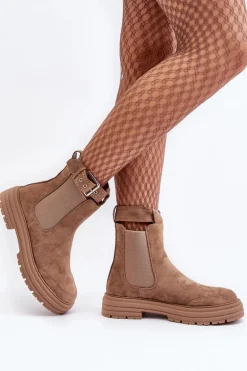 Zamszowe Botki Sztyblety Na Masywnej Podeszwie Beżowe Ozaro