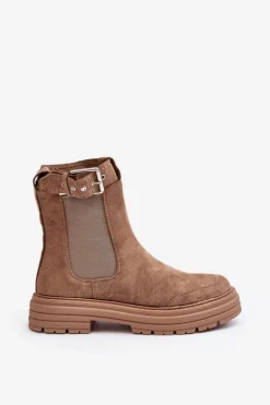 Zamszowe Botki Sztyblety Na Masywnej Podeszwie Beżowe Ozaro