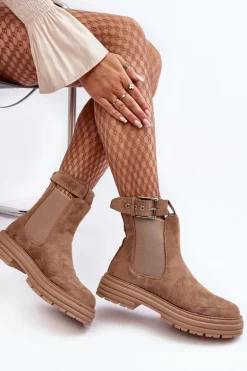 Zamszowe Botki Sztyblety Na Masywnej Podeszwie Beżowe Ozaro