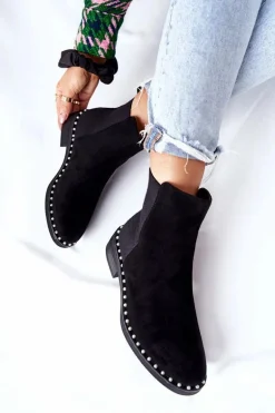 Zamszowe Botki Sztyblety Z Perełkami Czarne Jilanna