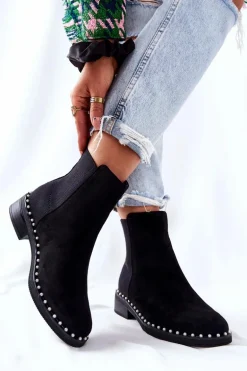 Zamszowe Botki Sztyblety Z Perełkami Czarne Jilanna