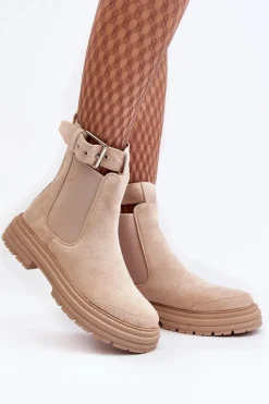 Zamszowe Botki Sztyblety Na Masywnej Podeszwie Jasnobeżowe Ozaro