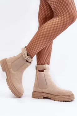 Zamszowe Botki Sztyblety Na Masywnej Podeszwie Jasnobeżowe Ozaro