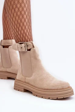 Zamszowe Botki Sztyblety Na Masywnej Podeszwie Jasnobeżowe Ozaro