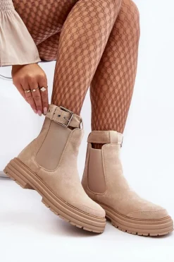 Zamszowe Botki Sztyblety Na Masywnej Podeszwie Jasnobeżowe Ozaro