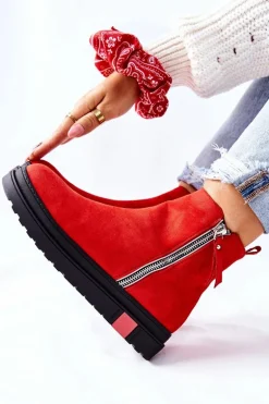 Zamszowe Botki Sztyblety Na Platformie Czerwone Nessa