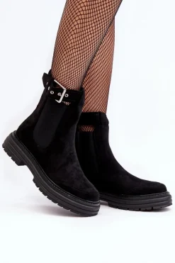 Zamszowe Botki Sztyblety Na Masywnej Podeszwie Czarne Ozaro