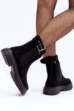 Zamszowe Botki Sztyblety Na Masywnej Podeszwie Czarne Ozaro