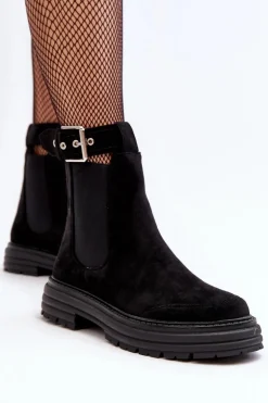 Zamszowe Botki Sztyblety Na Masywnej Podeszwie Czarne Ozaro